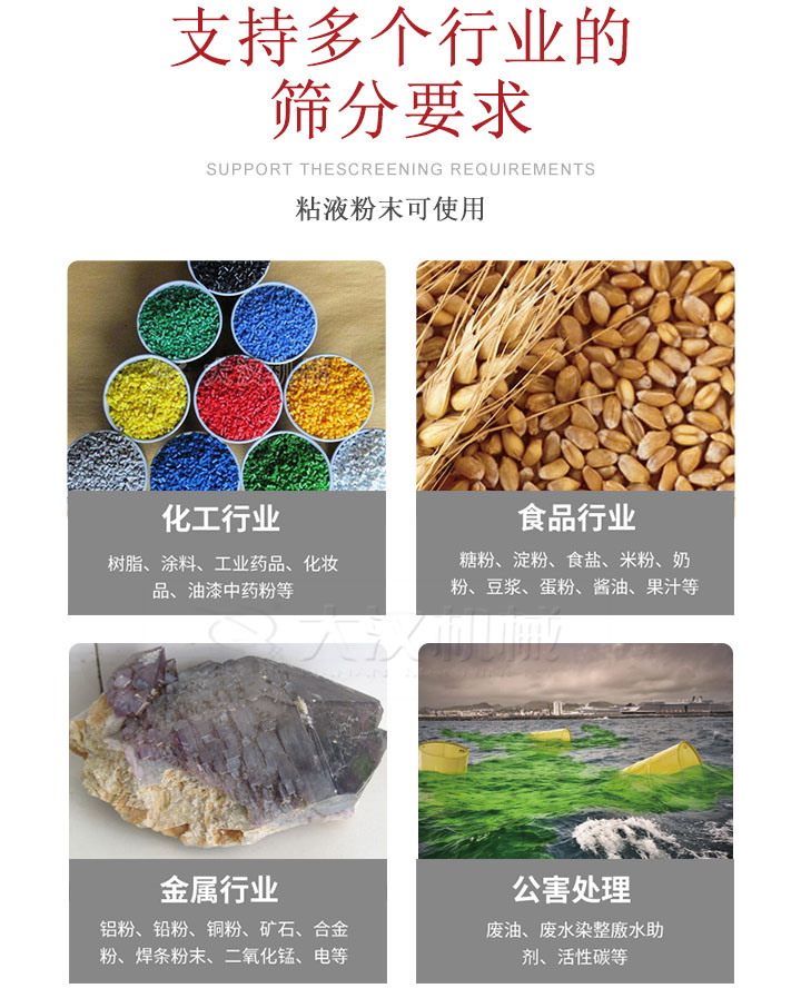 適用于化工行業(yè)，食品行業(yè)，金屬行業(yè)，以及公害處理等行業(yè)?；ば袠I(yè)：樹脂，涂料，工業(yè)藥品，化妝品，油漆，中藥粉等;食品行業(yè)：糖粉，淀粉，食用鹽，米粉，奶粉，豆?jié){，蛋粉，醬油，果汁等;金屬行業(yè)：鋁粉，鉛粉，銅粉，礦石，合金粉，焊條粉末，二氧化錳，電等。公害處理：廢油，廢水染整廒水助劑，活性炭等。超聲波振動篩支持挑選定制常見的有：不銹鋼，碳鋼，全不銹鋼三種規(guī)格。不銹鋼：耐腐蝕，耐高溫適合化工行業(yè),碳鋼：鋼性強，硬度高經久耐用,全不銹鋼：機身經久耐用不易生銹不易腐蝕超聲波振動篩共有一到四層可供選擇。大漢超聲波振動篩優(yōu)勢：篩分效率高，篩分精度高，產量可提高0.5-10倍適用于：大米，米粉，綠豆，小米等。輕松解決堵網問題適用10目-635目之間的物料。